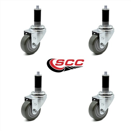 3.5 Inch Gray Polyurethane Wheel Swivel 1-1/8 Inch Expanding Stem Caster Set SCC